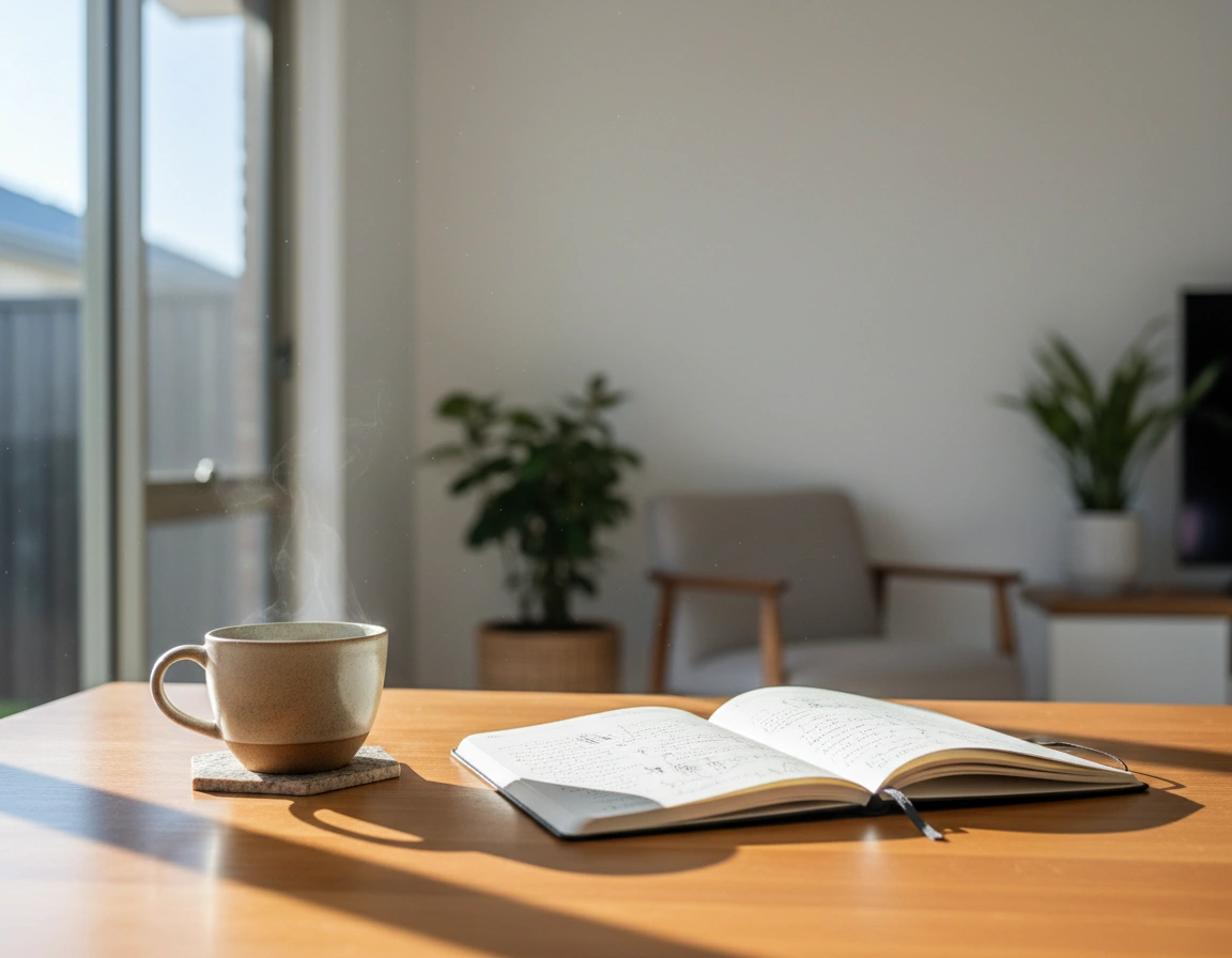 An open notebook beside a coffee cup
