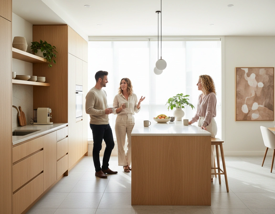 A team in conversation in an office kitchen