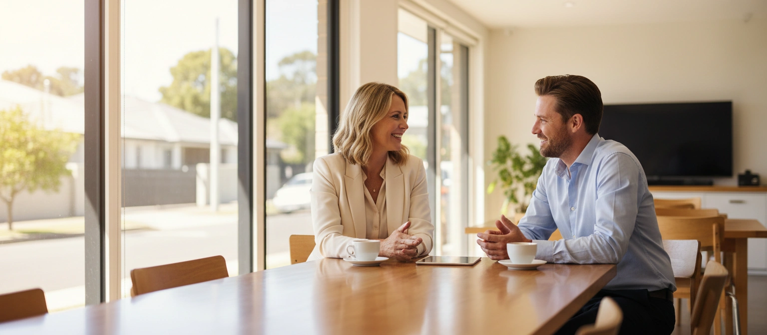 Two business owners in conversation across a table