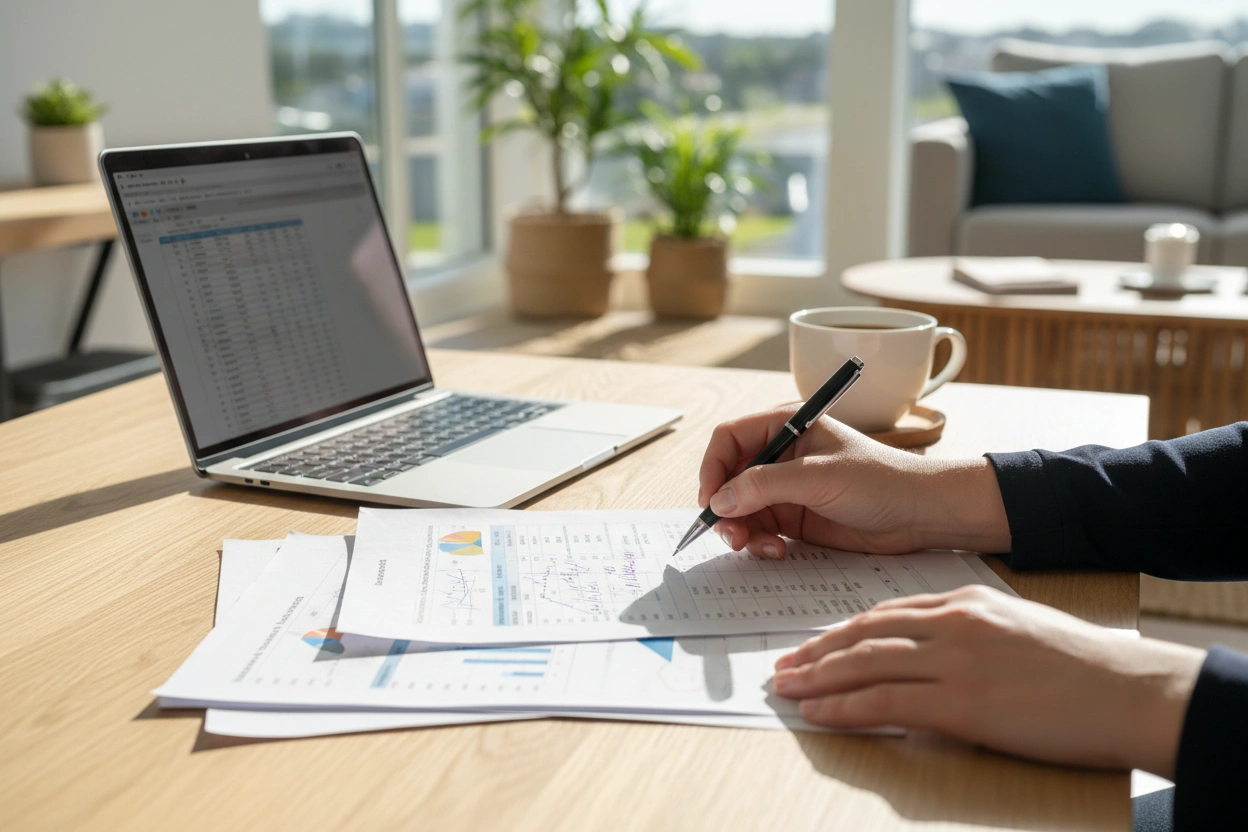 Hands annotating a printed business plan
